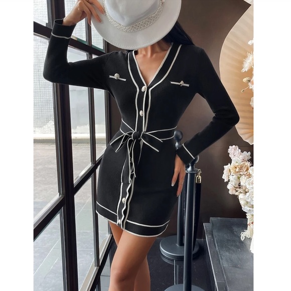 Black Knit Belted Dress Long Sleeve, Button Through Contrast White Piping Trim - Picture 3 of 11